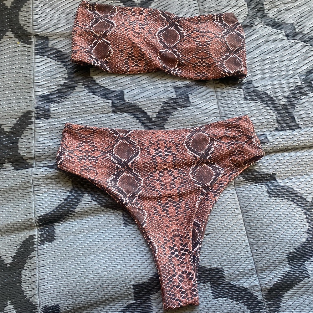 Zaful Pink Snake Print Bandeau and high rise cheeky bikini set